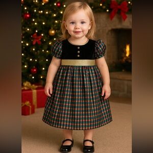 Vintage Sylvia Whyte Girls Holiday Plaid Black Velvet Dress Gold Belt Size 4